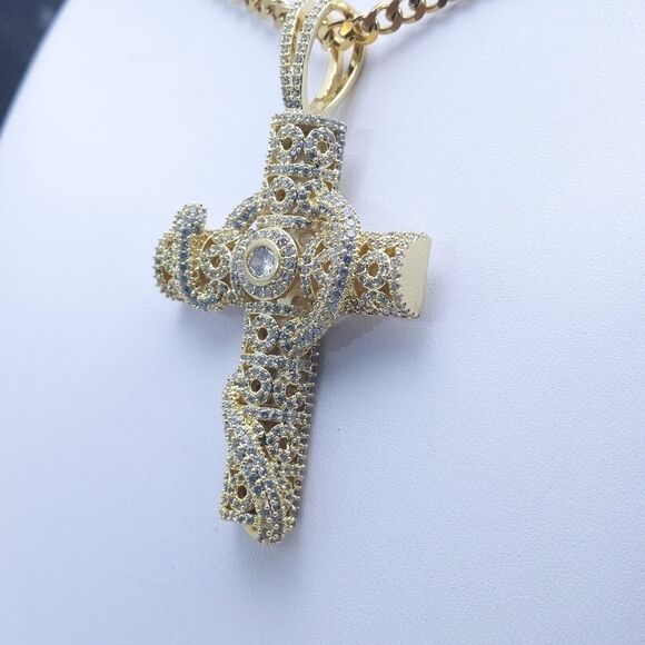 18"Cuban Chain + 14K Gold Finish Serpent Cross - Picture 7 of 12